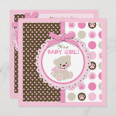 Teddybär-Mädchen-Babyparty-Rosa Einladung (Vorne/Hinten)