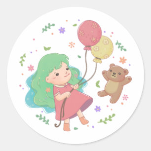 Teddybär & Mädchen Illustration Runder Aufkleber