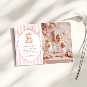 Teddybär Mädchen Rosa Bogen Streifen 1. Geburtstag Dankeskarte