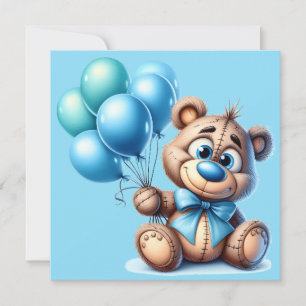 Teddybär mit blauem Luftballon Babyshower-Einladun Einladung