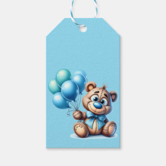 Teddybär mit blauen Ballons Baby Shower Geschenkanhänger