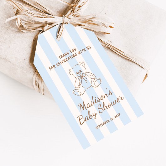 Teddybär mit blauen Streifen Baby Shower Geschenkanhänger