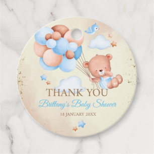 Teddybär mit braunen und blauen Ballons und Wolken Geschenkanhänger