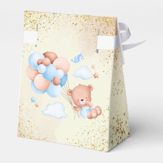 Teddybär mit braunen und blauen Ballons und Wolken Geschenkschachtel (Rückseite)