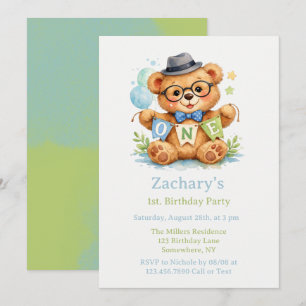 Teddybär mit EINEM Banner 1. Geburtstag Einladung