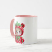 Teddybär mit Kapuze im Erdbeerkostüm. Tasse (Vorderseite Links)
