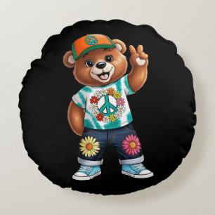 Teddybär mit lässiger friedlicher Kleidung 1 Rundes Kissen