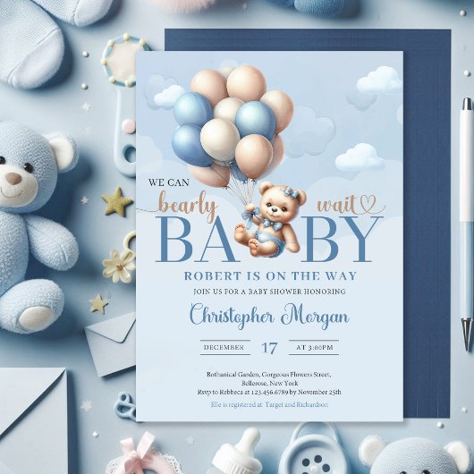 Teddybär mit Luftballons, die vom Himmel absteigen Einladung