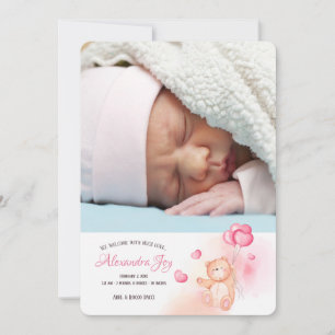Teddybär mit Luftballons Foto-Geburtsanzeige Einladung