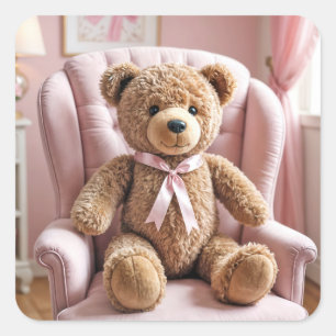 Teddybär mit rosa Bow Quadratischer Aufkleber