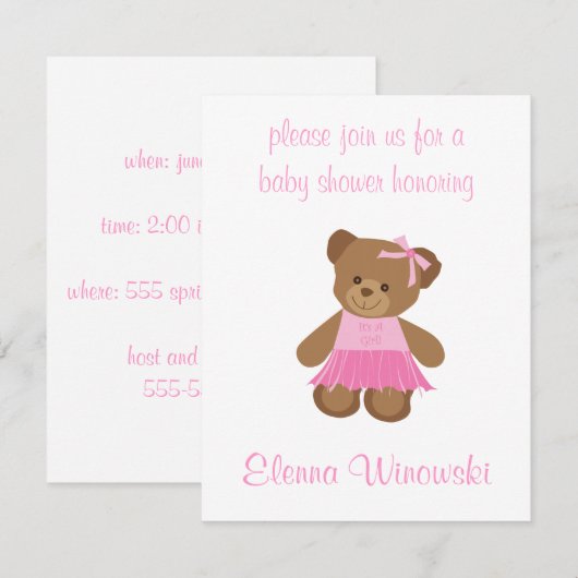 Teddybär mit rosa einladung (Vorne/Hinten)