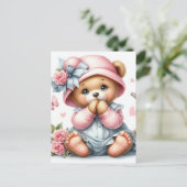 Teddybär mit rosa Hut und Bogen Postkarte (Stehend Vorderseite)