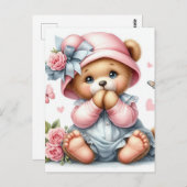 Teddybär mit rosa Hut und Bogen Postkarte (Vorne/Hinten)