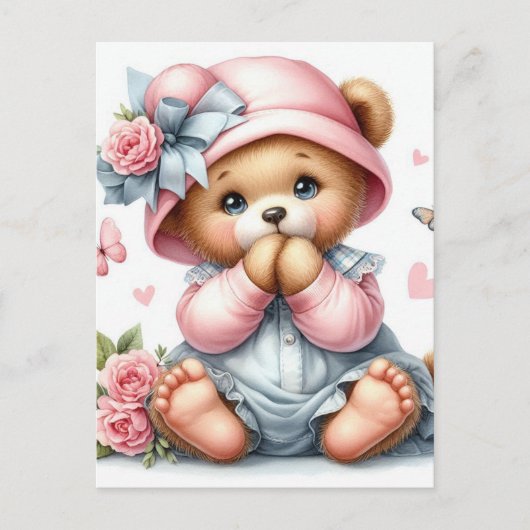 Teddybär mit rosa Hut und Bogen Postkarte (Vorderseite)
