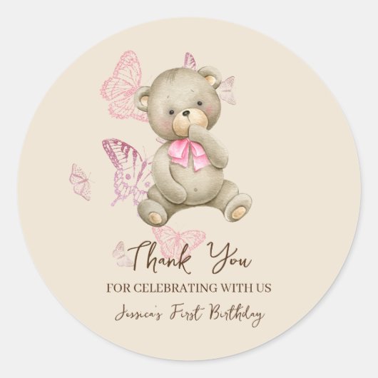 Teddybär mit rosa Schmetterlingskleber Runder Aufkleber (Vorderseite)