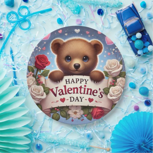 Teddybär mit Rose Pappteller (Party)