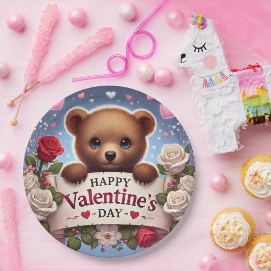 Teddybär mit Rose Pappteller (Party)