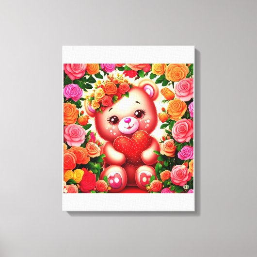 Teddybär mit Rose und Herz Leinwanddruck (Vorderseite)