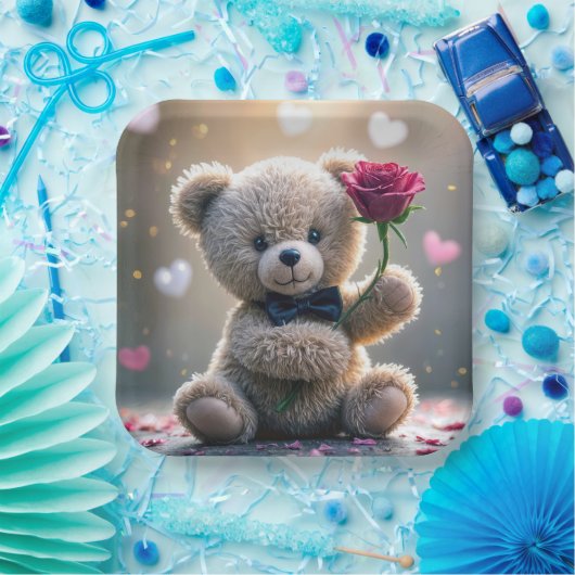 Teddybär mit Rote Rose Pappteller (Party)
