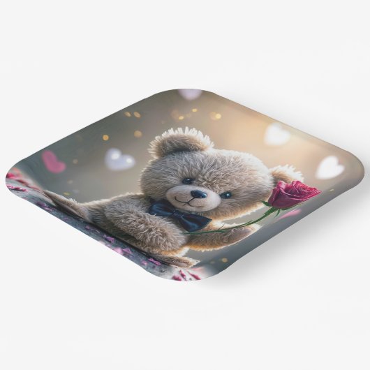 Teddybär mit Rote Rose Pappteller (Gewinkelt)