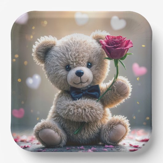 Teddybär mit Rote Rose Pappteller (Vorderseite)