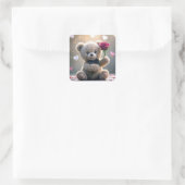 Teddybär mit Rote Rose Quadratischer Aufkleber (Tasche)