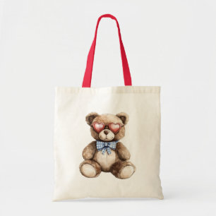 Teddybär mit roter Herzbrille und blau-weißer Schl Tragetasche
