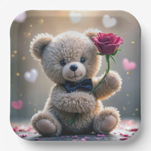 Teddybär mit roter Rose Pappteller