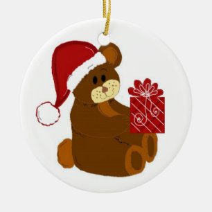 Teddybär mit Santa-Hut und rotem Geschenk Keramikornament