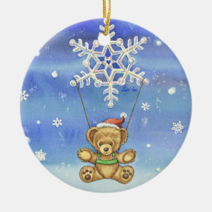 Teddybär mit Schneeflocke-Fallschirm Keramik Ornament