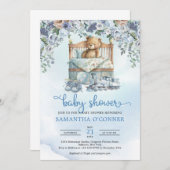 Teddybär mit staubblauen und beigefarbenen Blume Einladung (Vorne/Hinten)