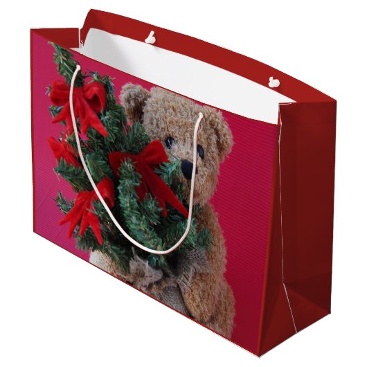Teddybär mit Weihnachtsbaum Große Geschenktüte (Rückseite Schrägansicht)