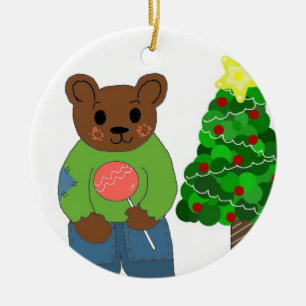 Teddybär mit Weihnachtsbaum Keramikornament