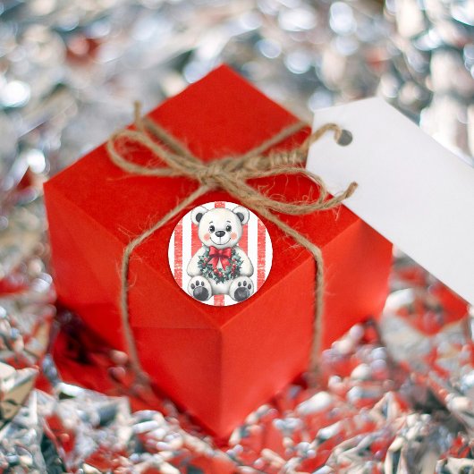 Teddybär mit Weihnachtskranz Runder Aufkleber