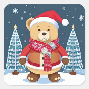 Teddybär mit Weihnachtsmannmütze Quadratischer Aufkleber