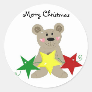 Teddybär mit Weihnachtssternen Runder Aufkleber