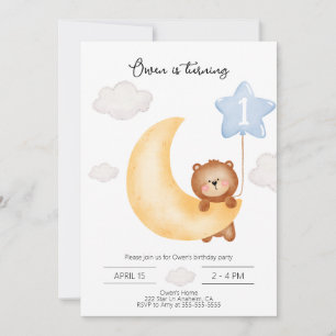 Teddybär Mond und Sterne blaue Ballon Geburtstag  Einladung