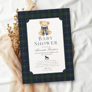 Teddybär Navy Kariert Tartan Jungen-Baby-Party Einladung