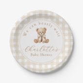 Teddybär Neutral Gingham Babyparty Pappteller (Vorderseite)