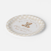 Teddybär Neutral Gingham Babyparty Pappteller (Schrägansicht)
