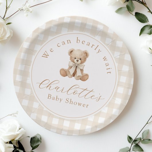 Teddybär Neutral Gingham Babyparty Pappteller