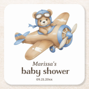 Teddybär-Pilot-Baby- Boy-Shower-Papieruntersetzer Rechteckiger Pappuntersetzer