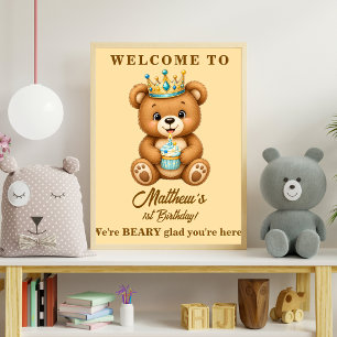 Teddybär Prinz 1. Geburtstags-Willkommensschild Ju Poster