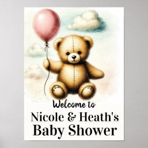 Teddybär-Rosa-Ballon-Babyshower-Schild Poster