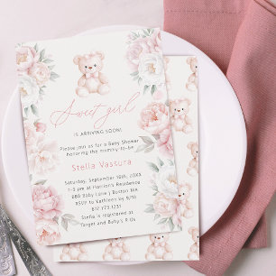 Teddybär rosa Blumen Mädchen Baby Shower Einladung
