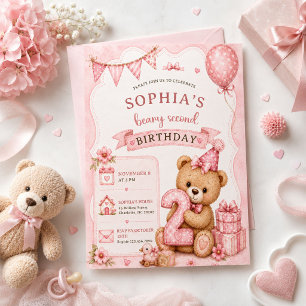 Teddybär, rosa Luftballons, zweiter Geburtstag Einladung