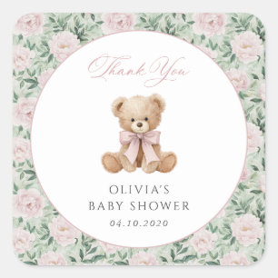 Teddybär, rosa Schleife, rosa Blumen, Babyparty Quadratischer Aufkleber