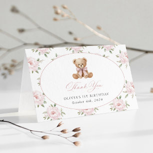 Teddybär, rosa Schleife, rosa Blumen, erster Gebur Dankeskarte