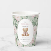 Teddybär, rosa Schleife, rosa Blumen, erster Gebur Pappbecher (Rückseite)