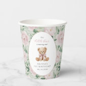 Teddybär, rosa Schleife, rosa Blumen, erster Gebur Pappbecher (Vorderseite)